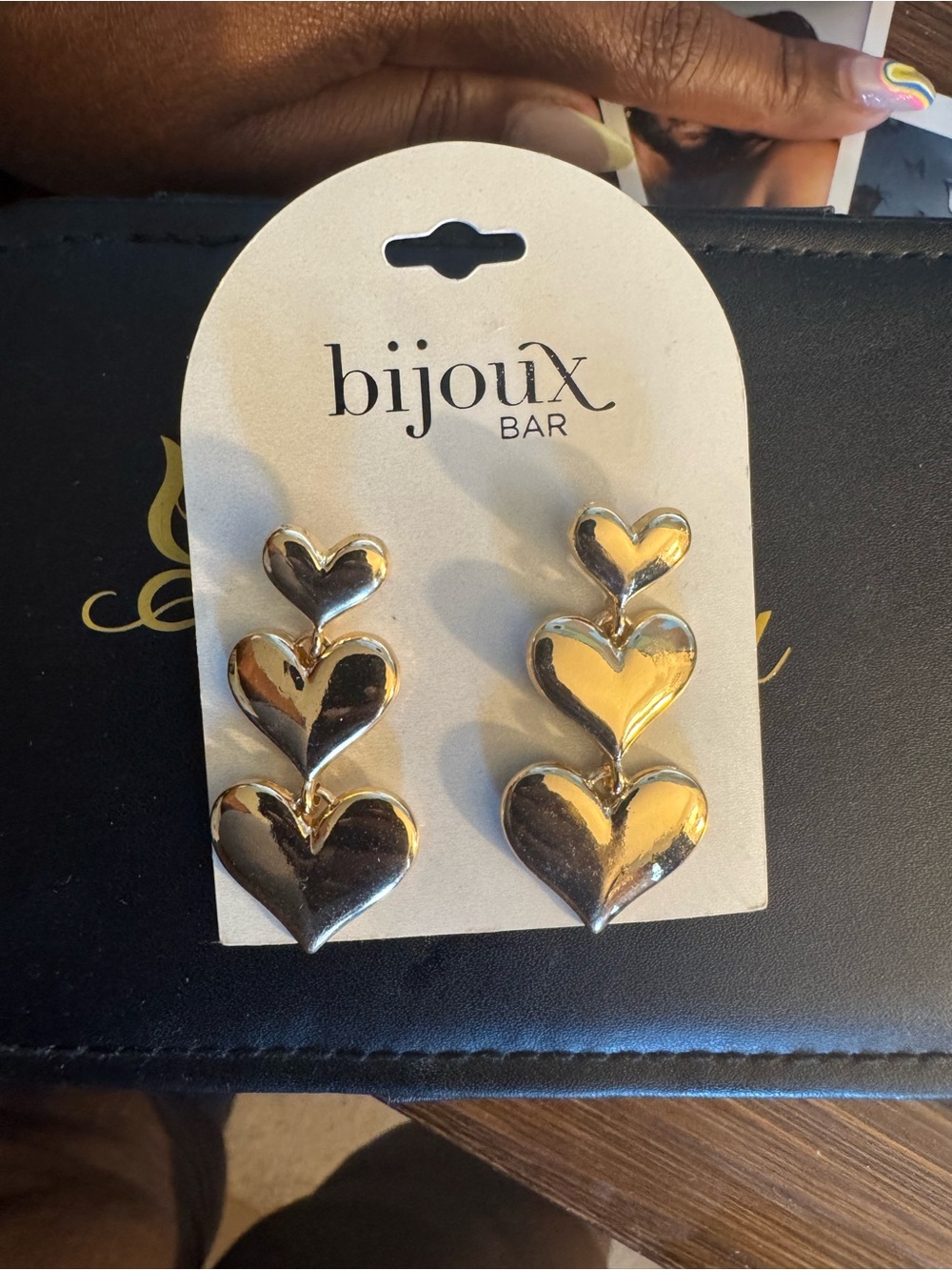 Bijoux Bar Gold Triple Heart Drop Earrings